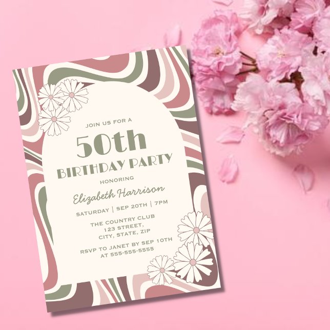 Retro Wave Flower Arch Sage Brown Peach Birthday Inbjudningar (Skapare uppladdad)