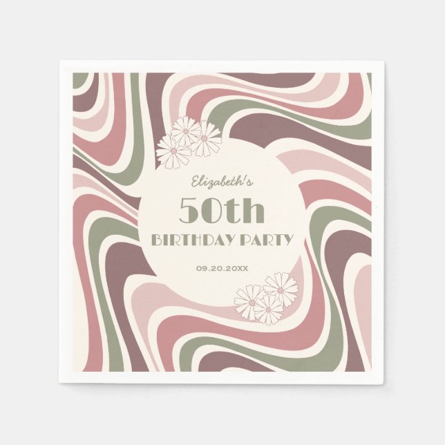 Retro Wave Flower Sage Brown Peach Birthday Pappersservett (Framsidan)