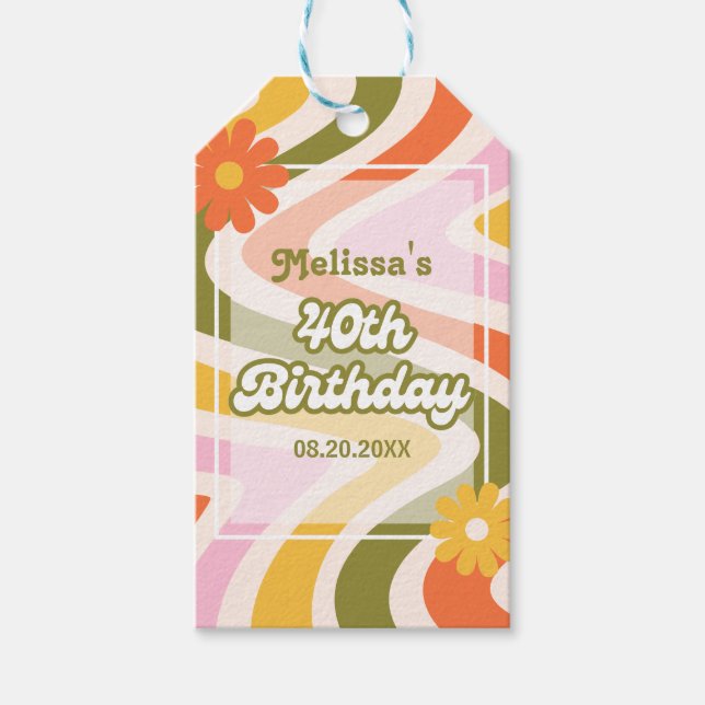 Retro Wave Groovy Flower Grönt 40:e födelsedagen Presentetikett (Framsidan)