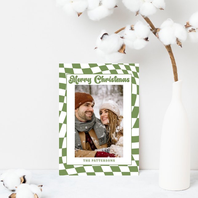 Retro Wavy Checkered Sage Green Photo Christmas  Julkort (Skapare uppladdad)