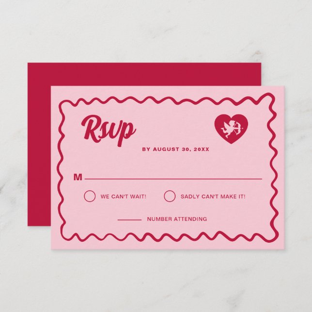 Retro Wavy Frame Red Pink Cupid Heart Wedding OSA Kort (Fram/baksida)