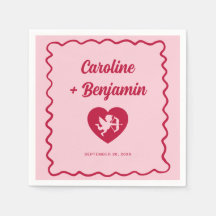 Retro Wavy Frame Red Pink Cupid Heart Wedding