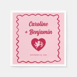Retro Wavy Frame Red Pink Cupid Heart Wedding Pappersservett
