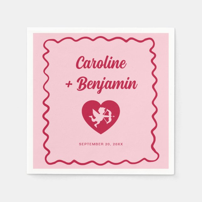 Retro Wavy Frame Red Pink Cupid Heart Wedding Pappersservett (Framsidan)