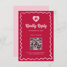 Retro Wavy Frame Red Pink Cupid Wedding QR Code OSA Kort