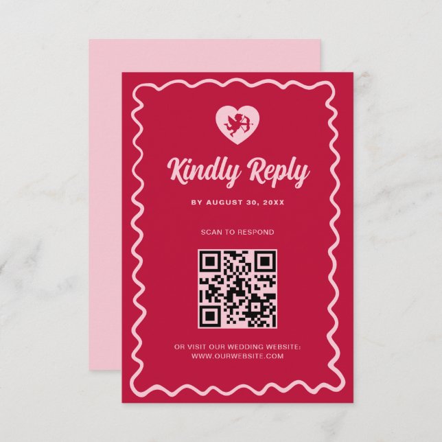 Retro Wavy Frame Red Pink Cupid Wedding QR Code OSA Kort (Fram/baksida)