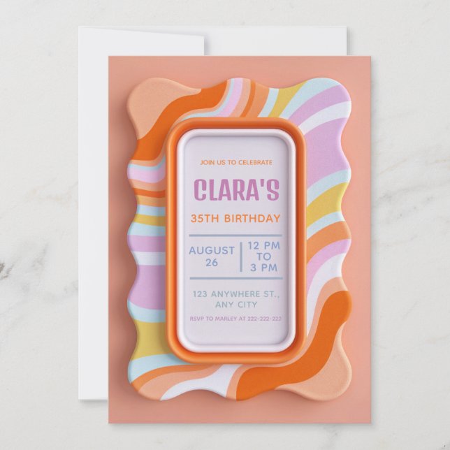 Retro Wavy Pastel 3D Gummy Frame Birthday Inbjudningar (Framsida)