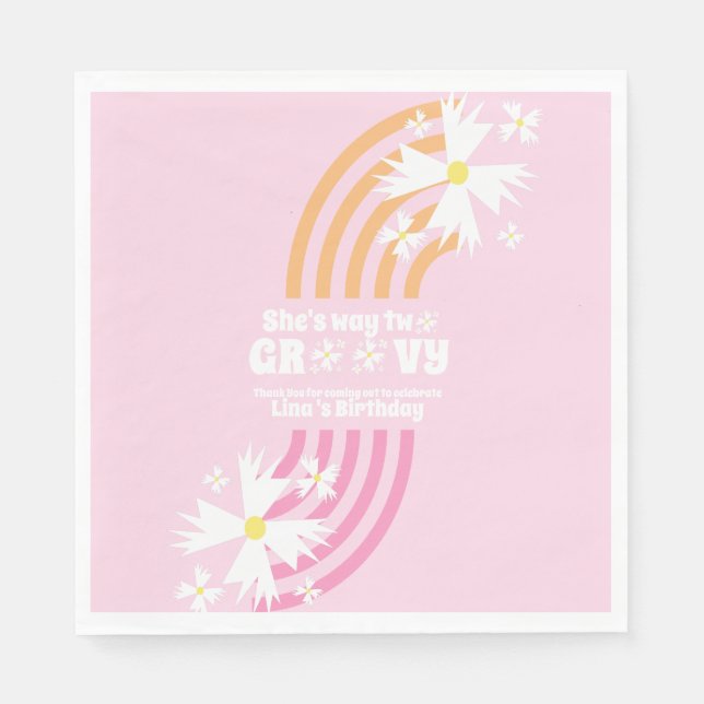 Retro Way Two Groovy Daisy Flower Birthday Rosa Pappersservett (Framsidan)