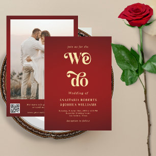 Retro we Do Crimson Red Guld QR Code Bröllop Inbjudningar