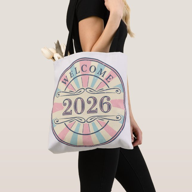 Retro Welcome 2026 New Year Tote Bag Tygkasse (Närbild)