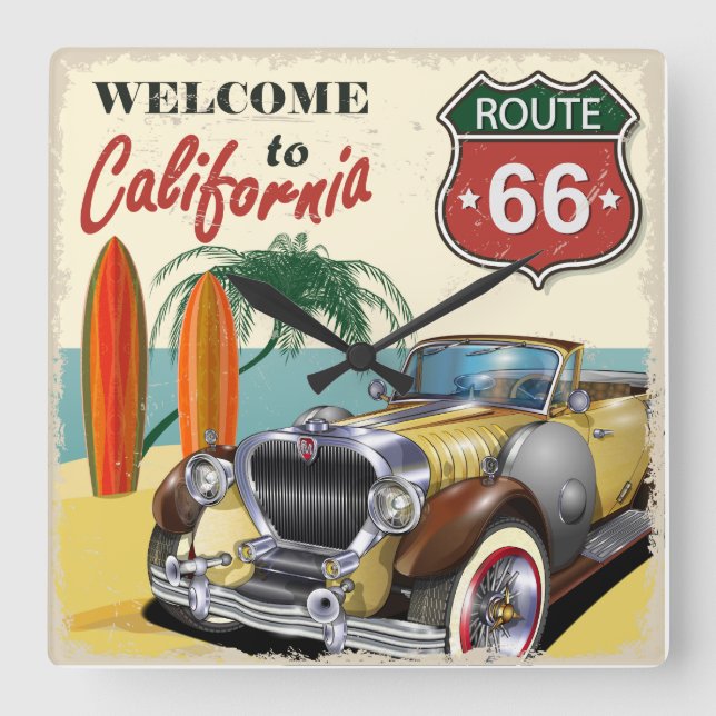 Retro "Welcome to California" Route 66 poster, Fyrkantig Klocka (Framsida)