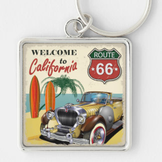 Retro "Welcome to California" Route 66 poster. Fyrkantig Silverfärgad Nyckelring