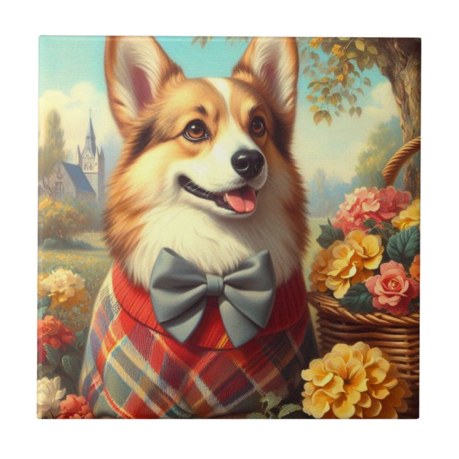 Retro Welsh Corgi Cardigan Painting Kakelplatta (Framsidan)