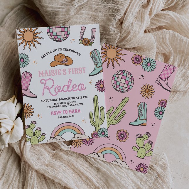 Retro Western Girl First Rodeo Birthday Inbjudningar (Skapare uppladdad)