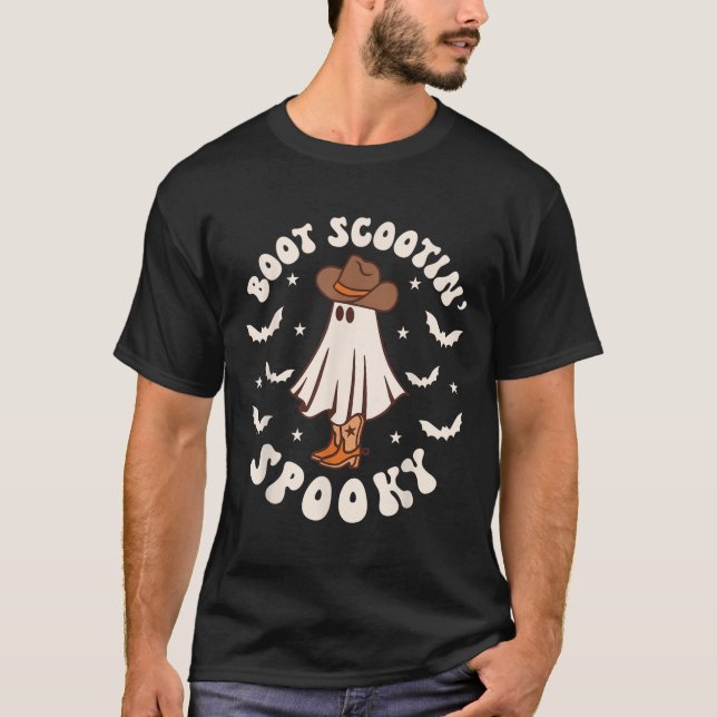 Retro Western Halloween Cute Ghost Funny Boot Scoo T Shirt (Framsida)