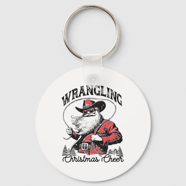 Retro Western Julafton Wrangling jul Cheer Santa Nyckelring (Framsida)