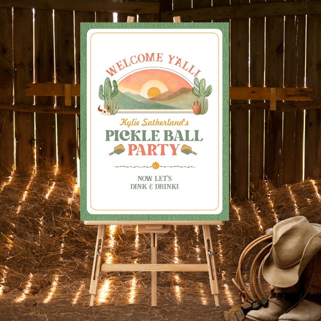 Retro Western Pickleball Välkomstfestskylt Poster (Welcome guests to your western theme pickleball party with this fun sign)