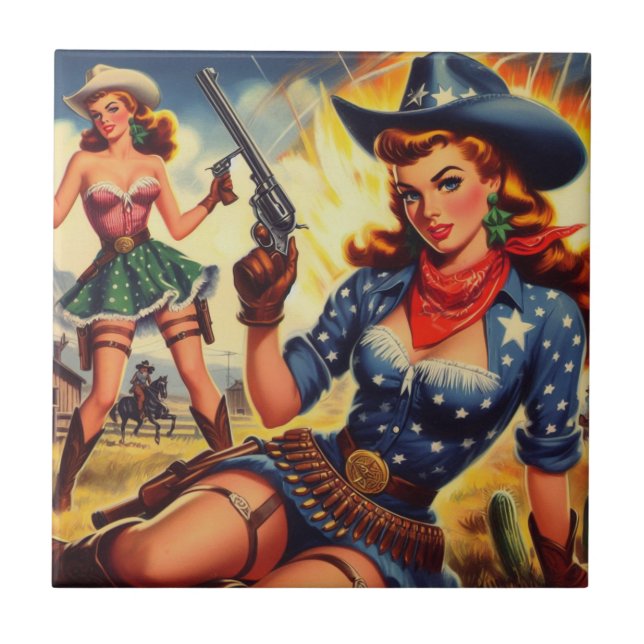 Retro Westerna Land Girls Kakelplatta (Framsidan)