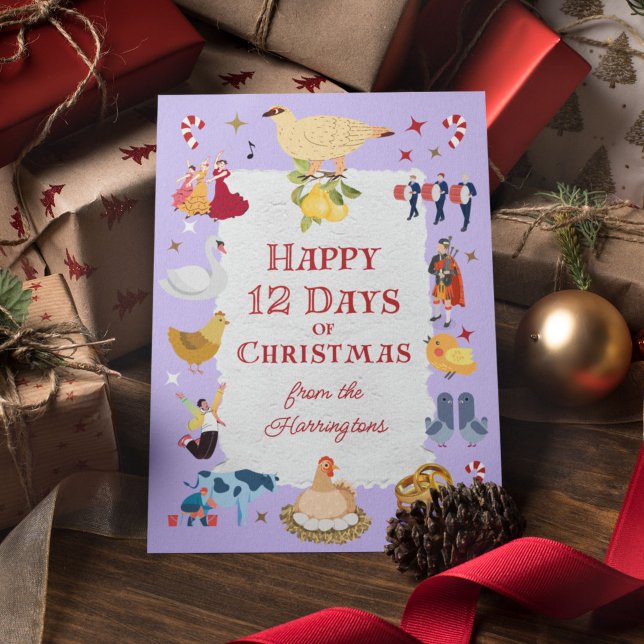 Retro Whimsical 12 Days of Christmas Helgkort (On this whimsical card, "12 Days of Christmas" images appear against a pastel lavender background.)