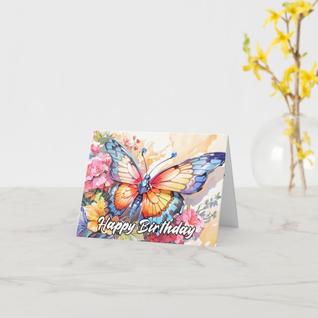 Retro Whimsical Butterfly Grattis på födelsedagen Kort (Gul blomma)
