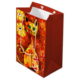 Retro Whimsical Cat Kattunge Blommigt Gult Red Ora