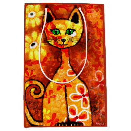 Retro Whimsical Cat Kattunge Blommigt Gult Red Ora