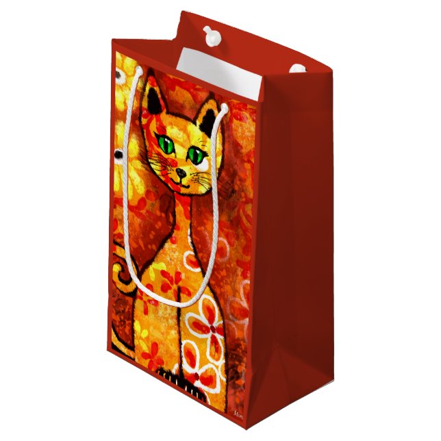 Retro Whimsical Cat Kattunge Blommigt Gult Red Ora (Framsidan Vinklad)