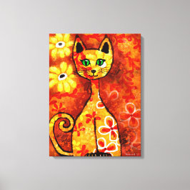 Retro Whimsical Cat Kattunge Blommigt Gult Red Ora Canvastryck