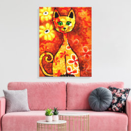 Retro Whimsical Cat Kattunge Blommigt Gult Red Ora Canvastryck