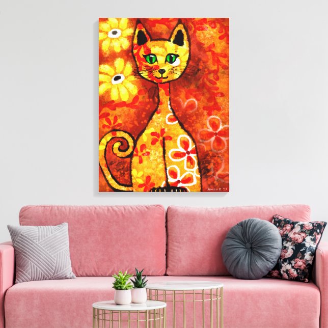 Retro Whimsical Cat Kattunge Blommigt Gult Red Ora Canvastryck (Insitu (Vardagsrum))