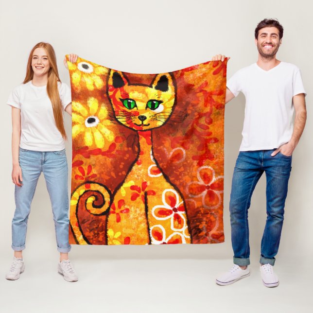 Retro Whimsical Cat Kattunge Blommigt Gult Red Ora Fleecefilt (På plats)