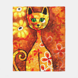 Retro Whimsical Cat Kattunge Blommigt Gult Red Ora Fleecefilt