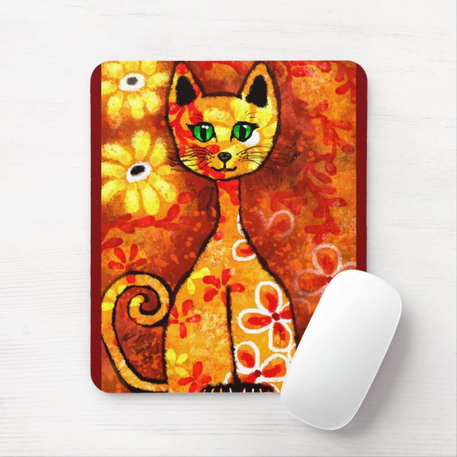 Retro Whimsical Cat Kattunge Blommigt Gult Red Ora Musmatta (Med mus)