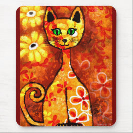 Retro Whimsical Cat Kattunge Blommigt Gult Red Ora Musmatta