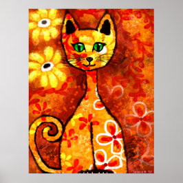 Retro Whimsical Cat Kattunge Blommigt Gult Red Ora Poster