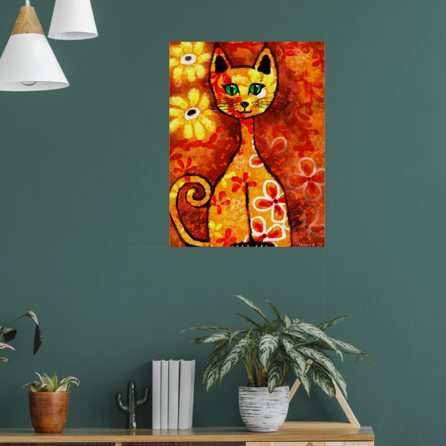 Retro Whimsical Cat Kattunge Blommigt Gult Red Ora Poster (Vardagsrum 1)