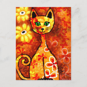 Retro Whimsical Cat Kattunge Blommigt Gult Red Ora Vykort