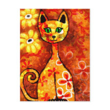 Retro Whimsical Cat Kattunge Blommigt Gult Red Ora