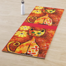 Retro Whimsical Cat Kattunge Blommigt Orange Gult