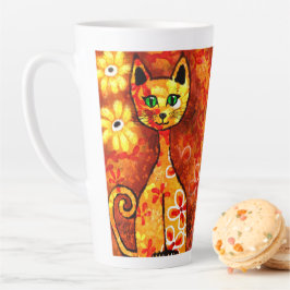 Retro Whimsical Cat Kattunge Blommigt Orange Gult
