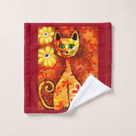 Retro Whimsical Cat Kattunge Blommigt Orange Gult