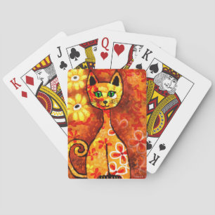 Retro Whimsical Cat Kattunge Blommigt Orange Gult Casinokort