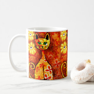 Retro Whimsical Cat Kattunge Blommigt Orange Gult  Kaffemugg