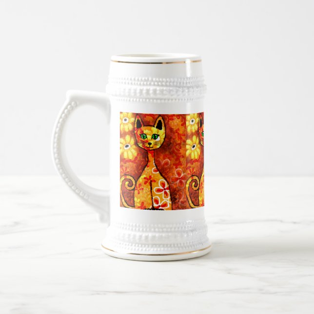 Retro Whimsical Cat Kattunge Blommigt Orange Gult  Sejdel (Vänster)