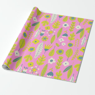Retro Whimsical Scandinavian Folk Blommigt in Rosa Presentpapper