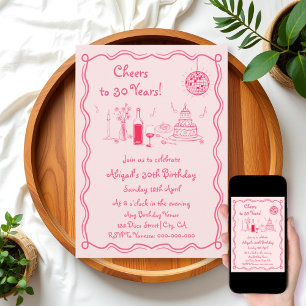 Retro Whimsical shock rosa scribble-födelsedag Inbjudningar