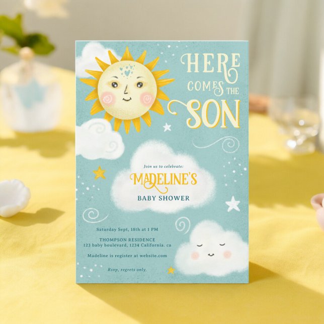 Retro Whimsical Sol här kommer hit med sonbabydusc Inbjudningar (Retro whimsical Sun here comes the son baby shower Invitation)