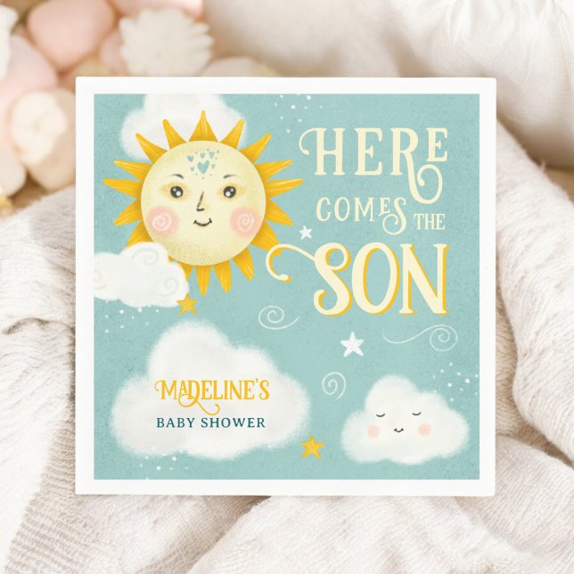 Retro Whimsical Sol här kommer hit med sonbabydusc Pappersservett (Retro whimsical Sun here comes the son baby shower Napkins)