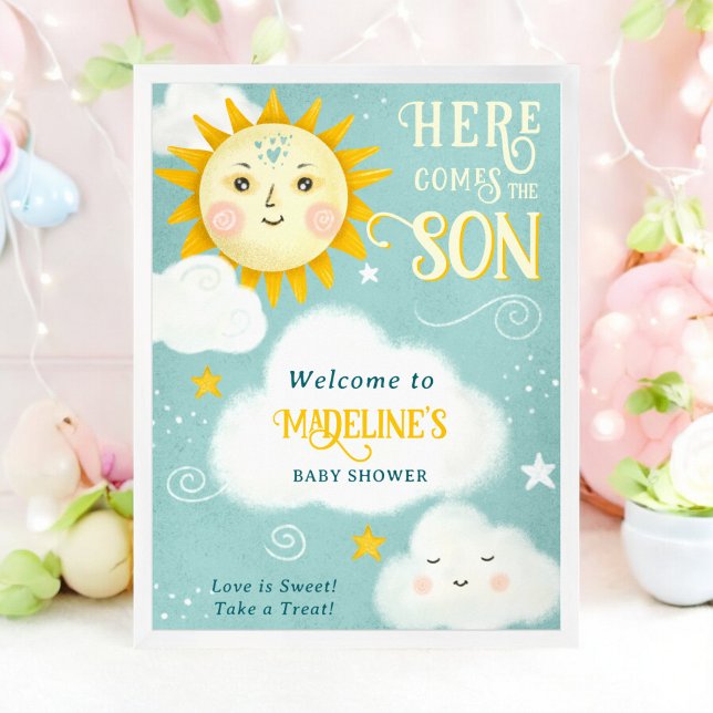 Retro Whimsical Sol här kommer hit med sonbabydusc Poster (Retro whimsical Sun here comes the son baby shower Poster)