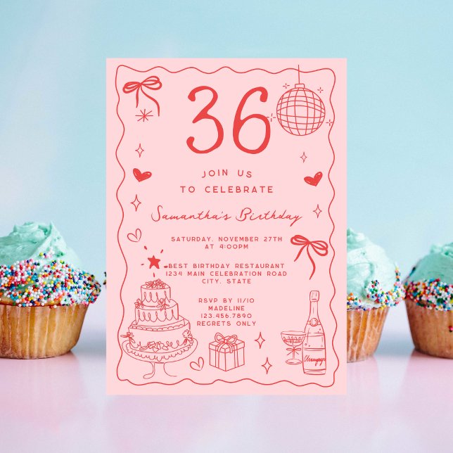 Retro Whimsy Underlig Röd Rosa 36-årsdag Inbjudningar (Skapare uppladdad)